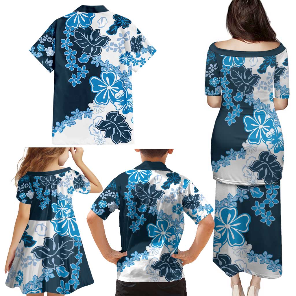 Blue Hibiscus Plumeria Floral Family Matching Puletasi and Hawaiian Shirt - Polynesian Pride