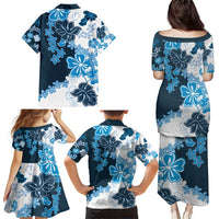 Blue Hibiscus Plumeria Floral Family Matching Puletasi and Hawaiian Shirt - Polynesian Pride