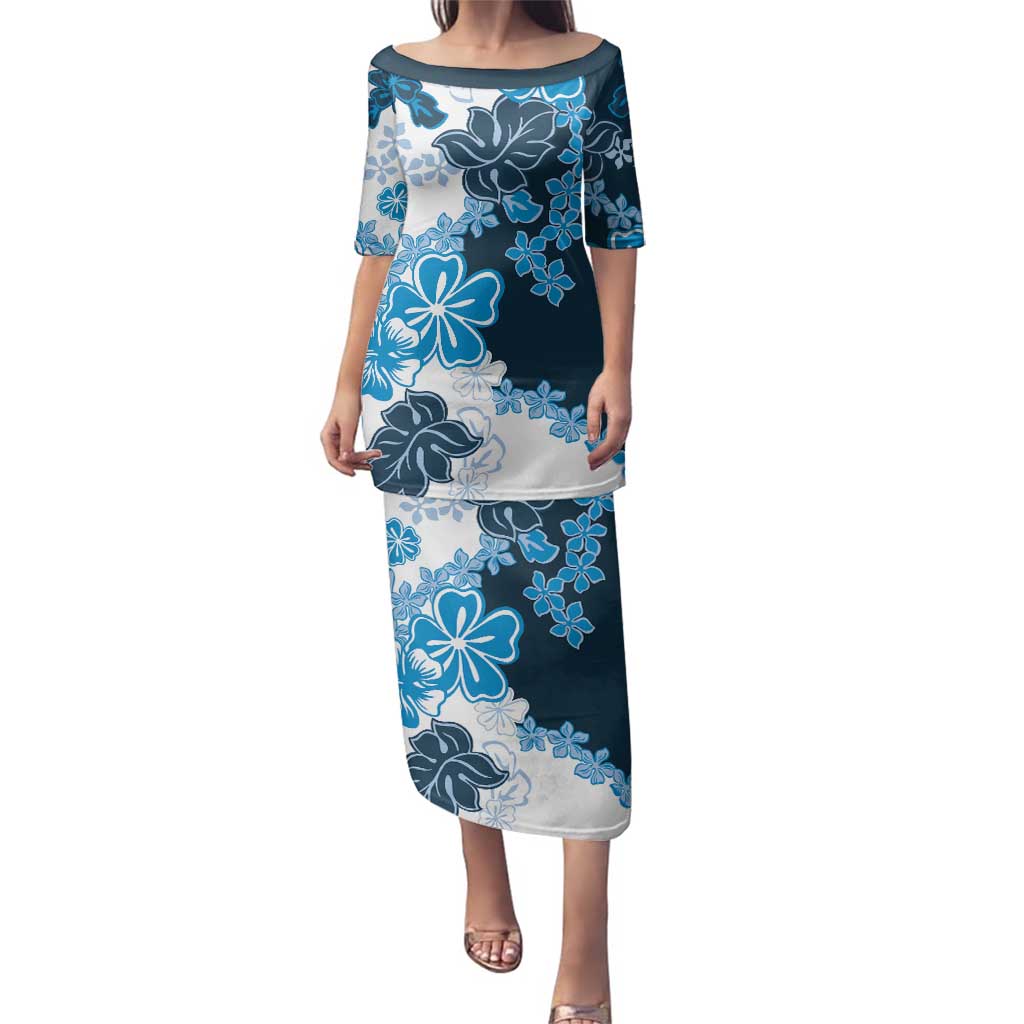 Blue Hibiscus Plumeria Floral Family Matching Puletasi and Hawaiian Shirt - Polynesian Pride