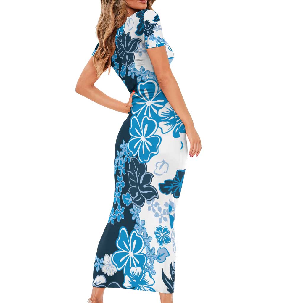 Blue Hibiscus Plumeria Floral Family Matching Short Sleeve Bodycon Dress and Hawaiian Shirt LT01 - Polynesian Pride