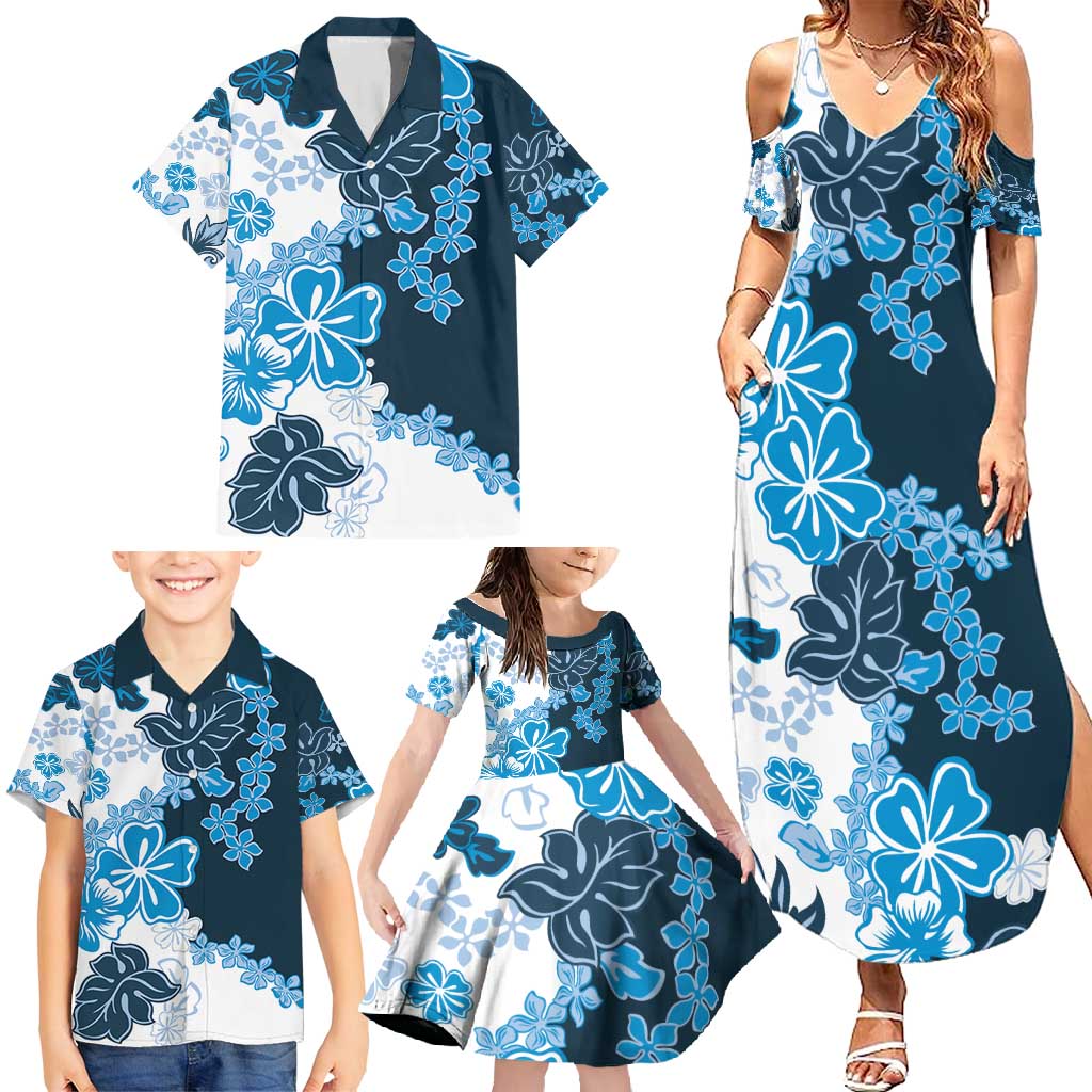 Blue Hibiscus Plumeria Floral Family Matching Summer Maxi Dress and Hawaiian Shirt - Polynesian Pride