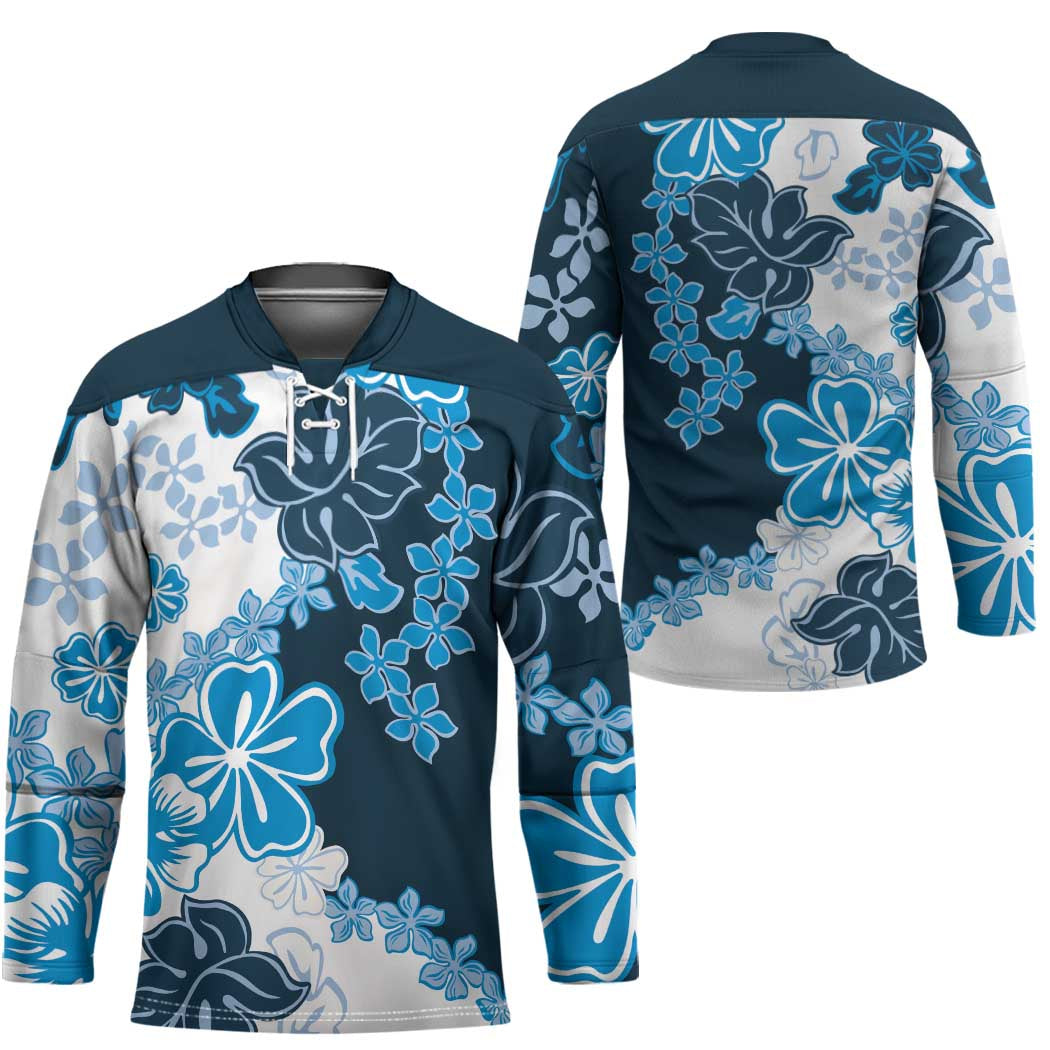 Blue Hibiscus Plumeria Floral Hockey Jersey - Polynesian Pride