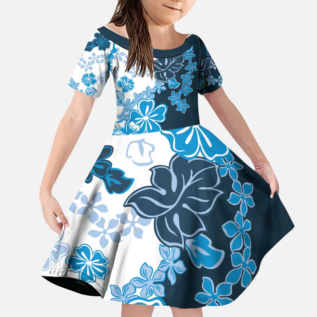 Blue Hibiscus Plumeria Floral Kid Short Sleeve Dress - Polynesian Pride
