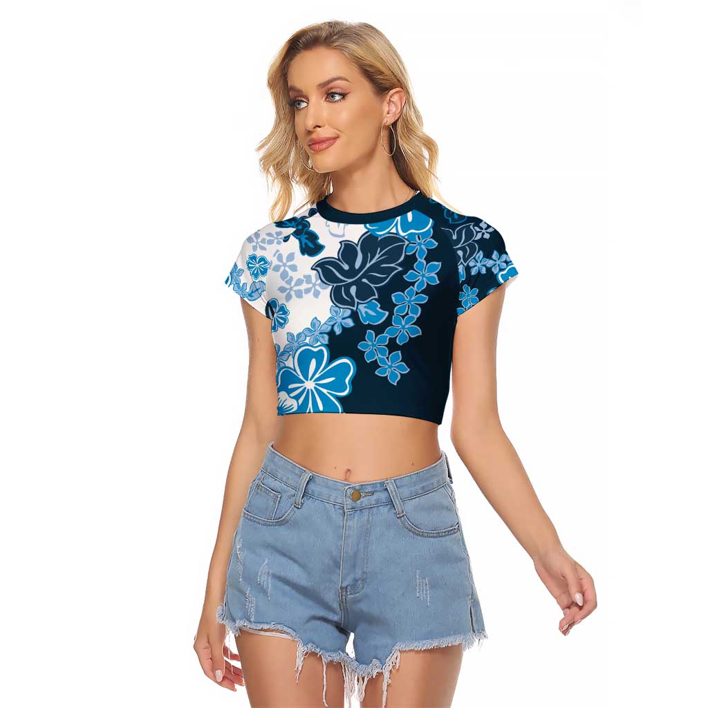 Blue Hibiscus Plumeria Floral Raglan Cropped T Shirt - Polynesian Pride