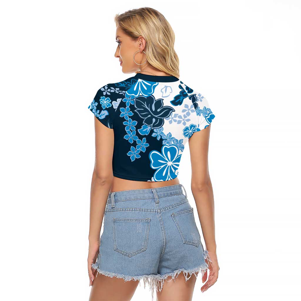 Blue Hibiscus Plumeria Floral Raglan Cropped T Shirt - Polynesian Pride