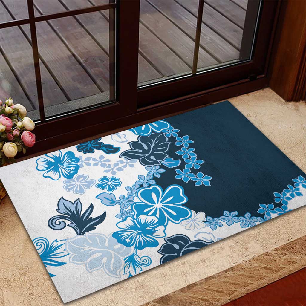 Blue Hibiscus Plumeria Floral Rubber Doormat - Polynesian Pride