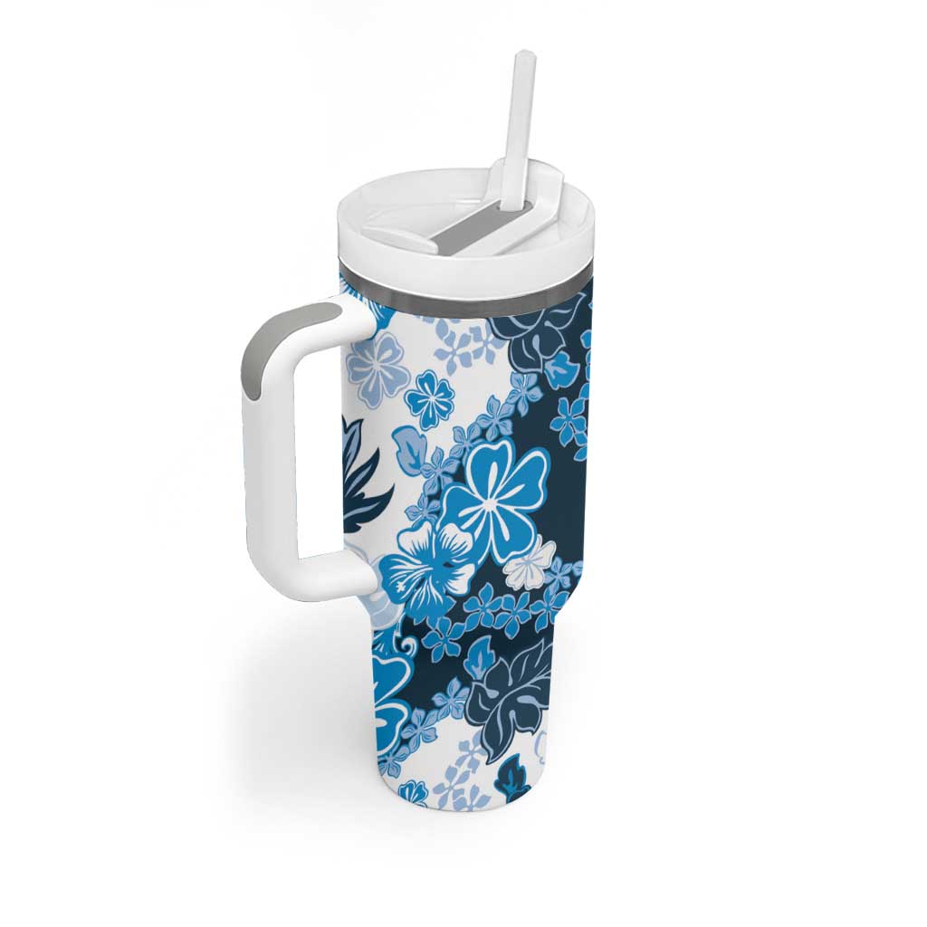Blue Hibiscus Plumeria Floral Tumbler With Handle - Polynesian Pride