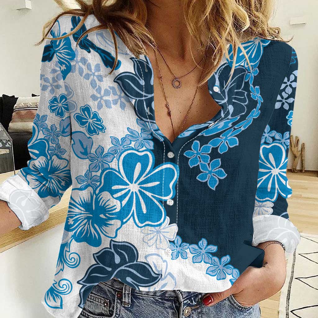 Blue Hibiscus Plumeria Floral Women Casual Shirt LT01 Female Blue - Polynesian Pride
