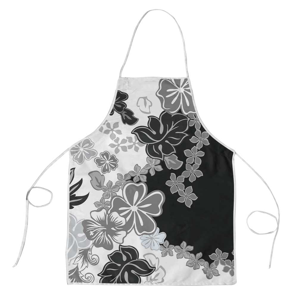 Gray Scale Hibiscus Plumeria Floral Apron LT01 Black - Polynesian Pride