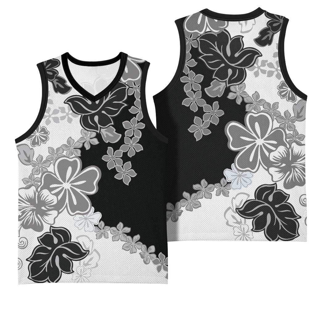 Gray Scale Hibiscus Plumeria Floral Basketball Jersey - Polynesian Pride