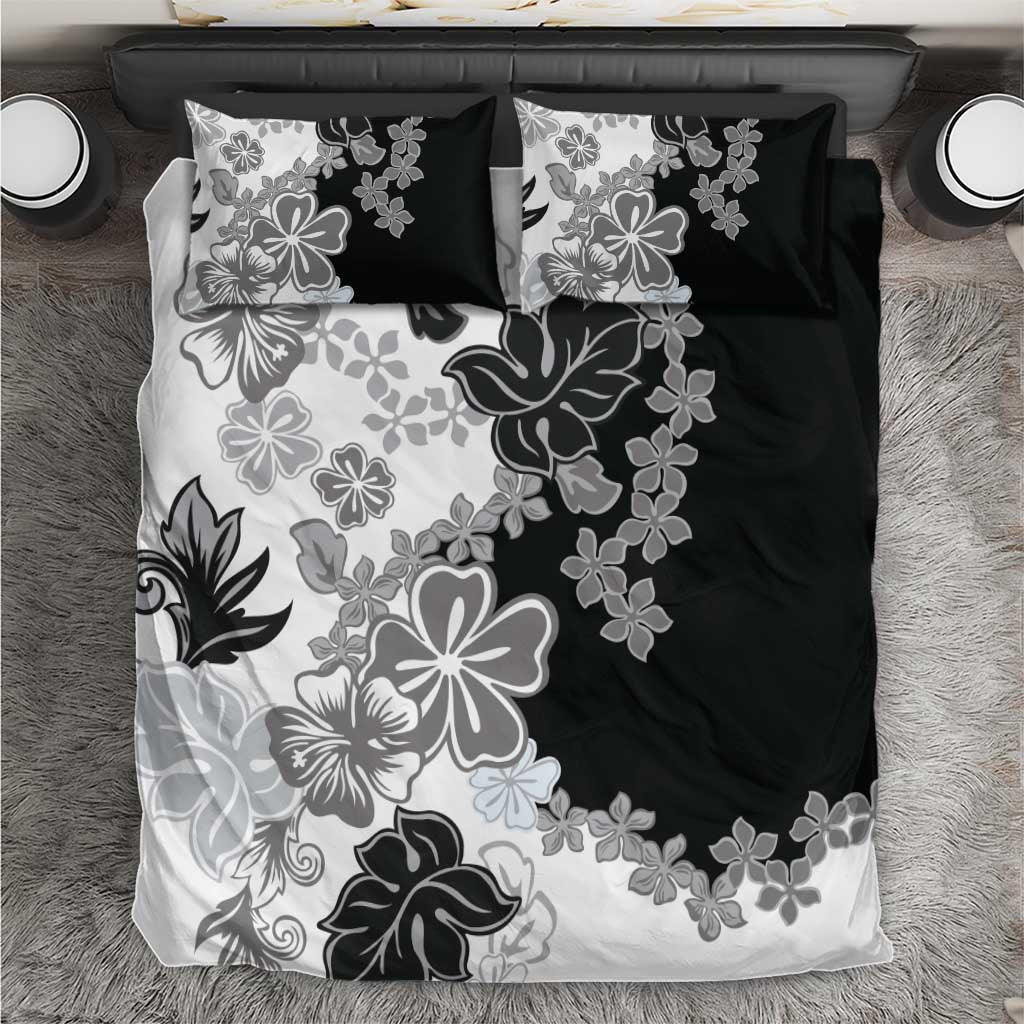 Gray Scale Hibiscus Plumeria Floral Bedding Set LT01 Black - Polynesian Pride