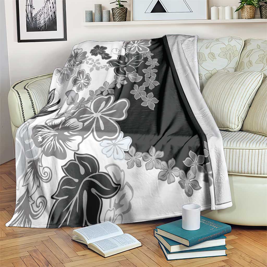 Gray Scale Hibiscus Plumeria Floral Blanket LT01 Black - Polynesian Pride