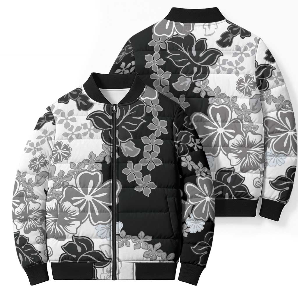 Gray Scale Hibiscus Plumeria Floral Bomber Puffer Jacket - Polynesian Pride
