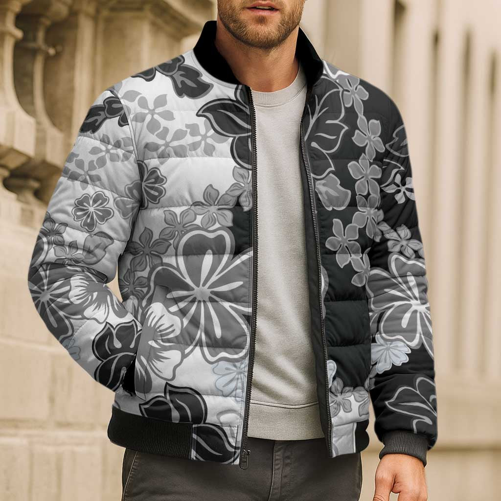 Gray Scale Hibiscus Plumeria Floral Bomber Puffer Jacket - Polynesian Pride
