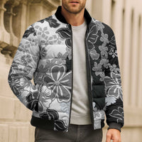 Gray Scale Hibiscus Plumeria Floral Bomber Puffer Jacket - Polynesian Pride