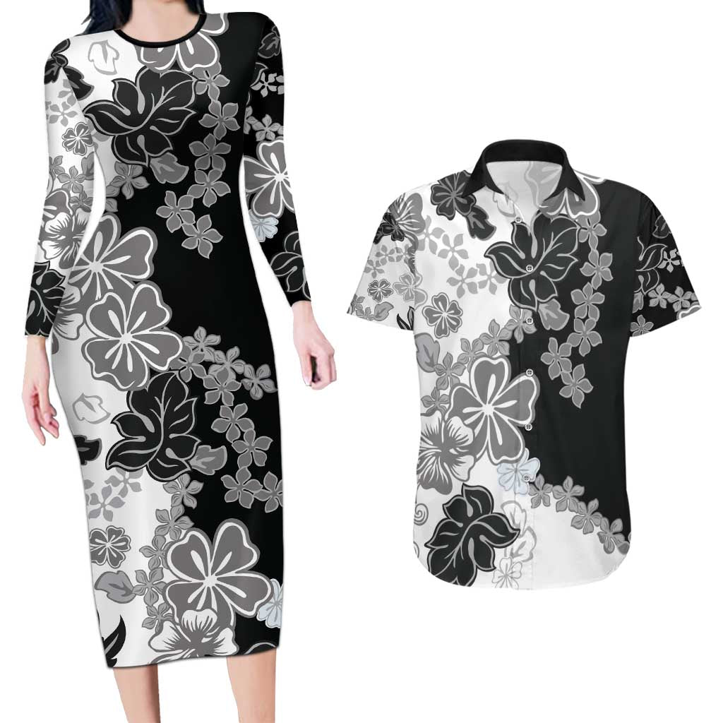 Gray Scale Hibiscus Plumeria Floral Couples Matching Long Sleeve Bodycon Dress and Hawaiian Shirt - Polynesian Pride