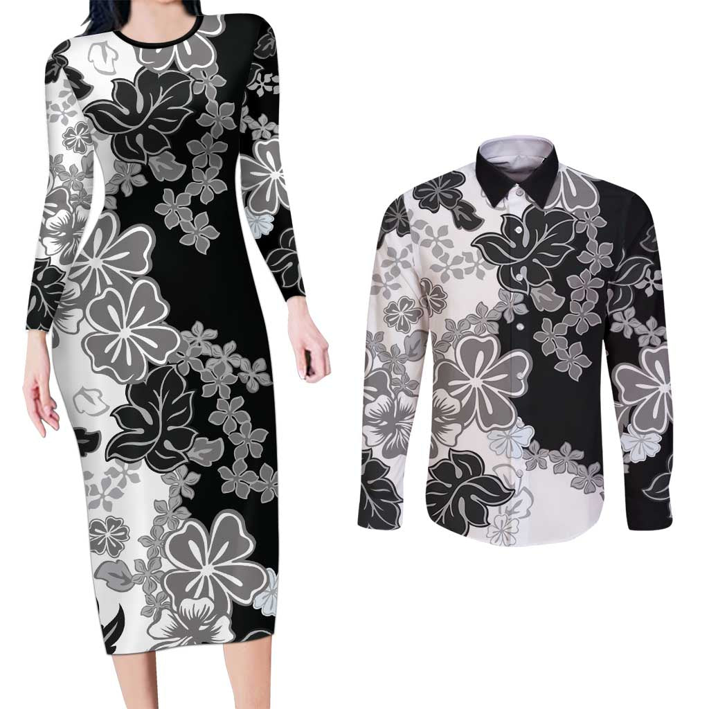 Gray Scale Hibiscus Plumeria Floral Couples Matching Long Sleeve Bodycon Dress and Long Sleeve Button Shirt - Polynesian Pride