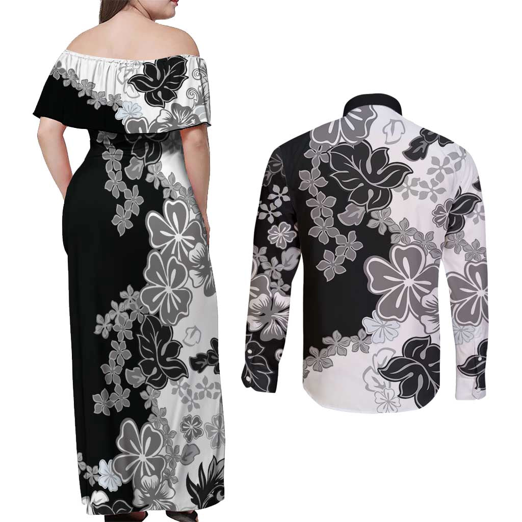 Gray Scale Hibiscus Plumeria Floral Couples Matching Off Shoulder Maxi Dress and Long Sleeve Button Shirt - Polynesian Pride