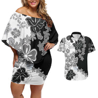 Gray Scale Hibiscus Plumeria Floral Couples Matching Off Shoulder Short Dress and Hawaiian Shirt - Polynesian Pride