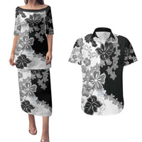 Gray Scale Hibiscus Plumeria Floral Couples Matching Puletasi and Hawaiian Shirt - Polynesian Pride