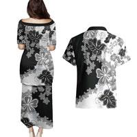 Gray Scale Hibiscus Plumeria Floral Couples Matching Puletasi and Hawaiian Shirt - Polynesian Pride