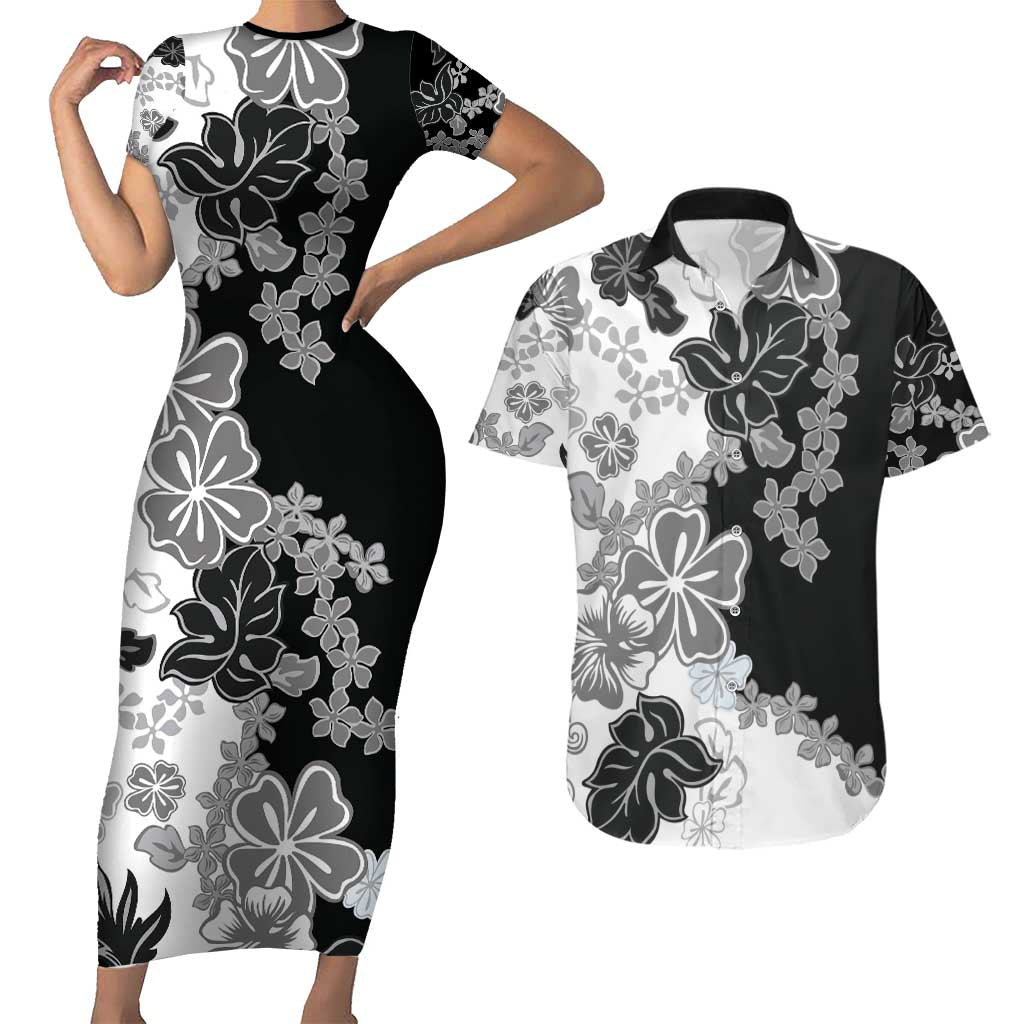 Gray Scale Hibiscus Plumeria Floral Couples Matching Short Sleeve Bodycon Dress and Hawaiian Shirt - Polynesian Pride