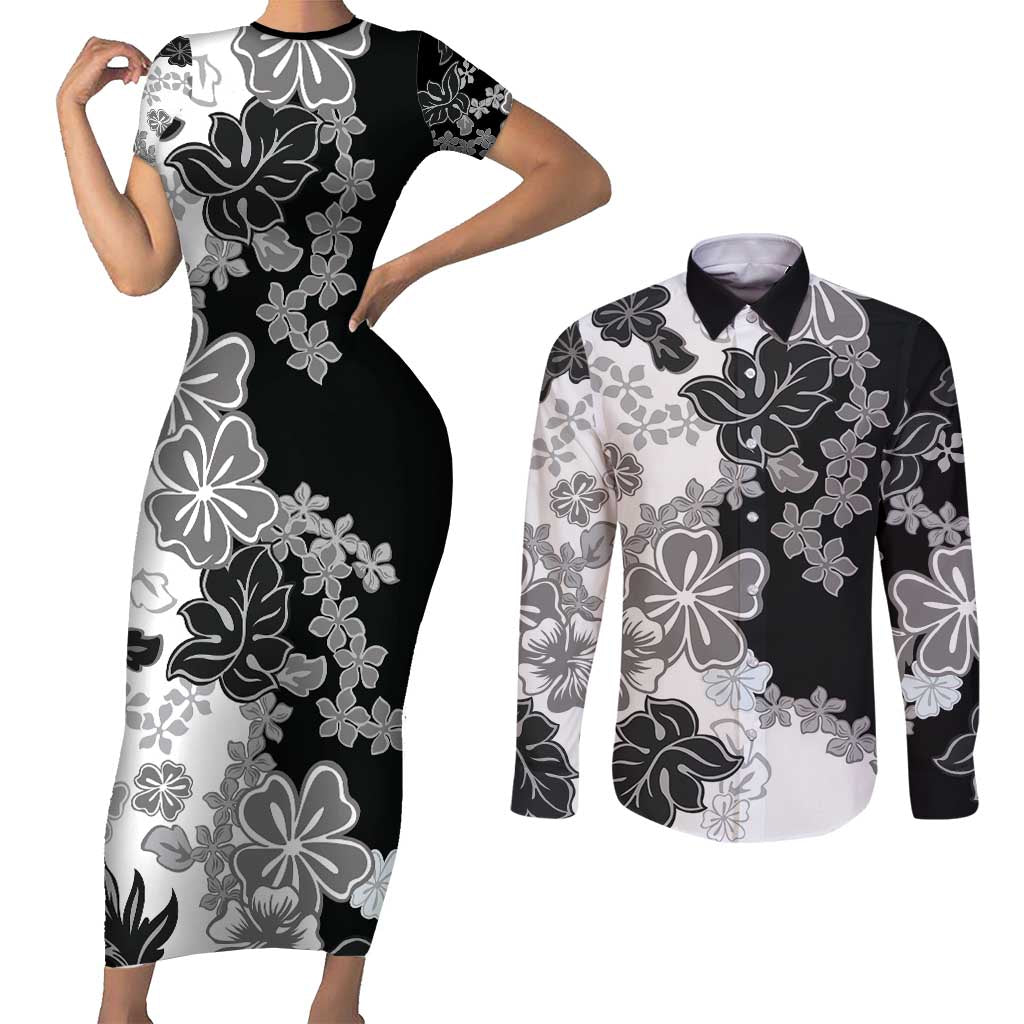 Gray Scale Hibiscus Plumeria Floral Couples Matching Short Sleeve Bodycon Dress and Long Sleeve Button Shirt - Polynesian Pride
