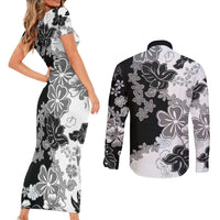 Gray Scale Hibiscus Plumeria Floral Couples Matching Short Sleeve Bodycon Dress and Long Sleeve Button Shirt - Polynesian Pride