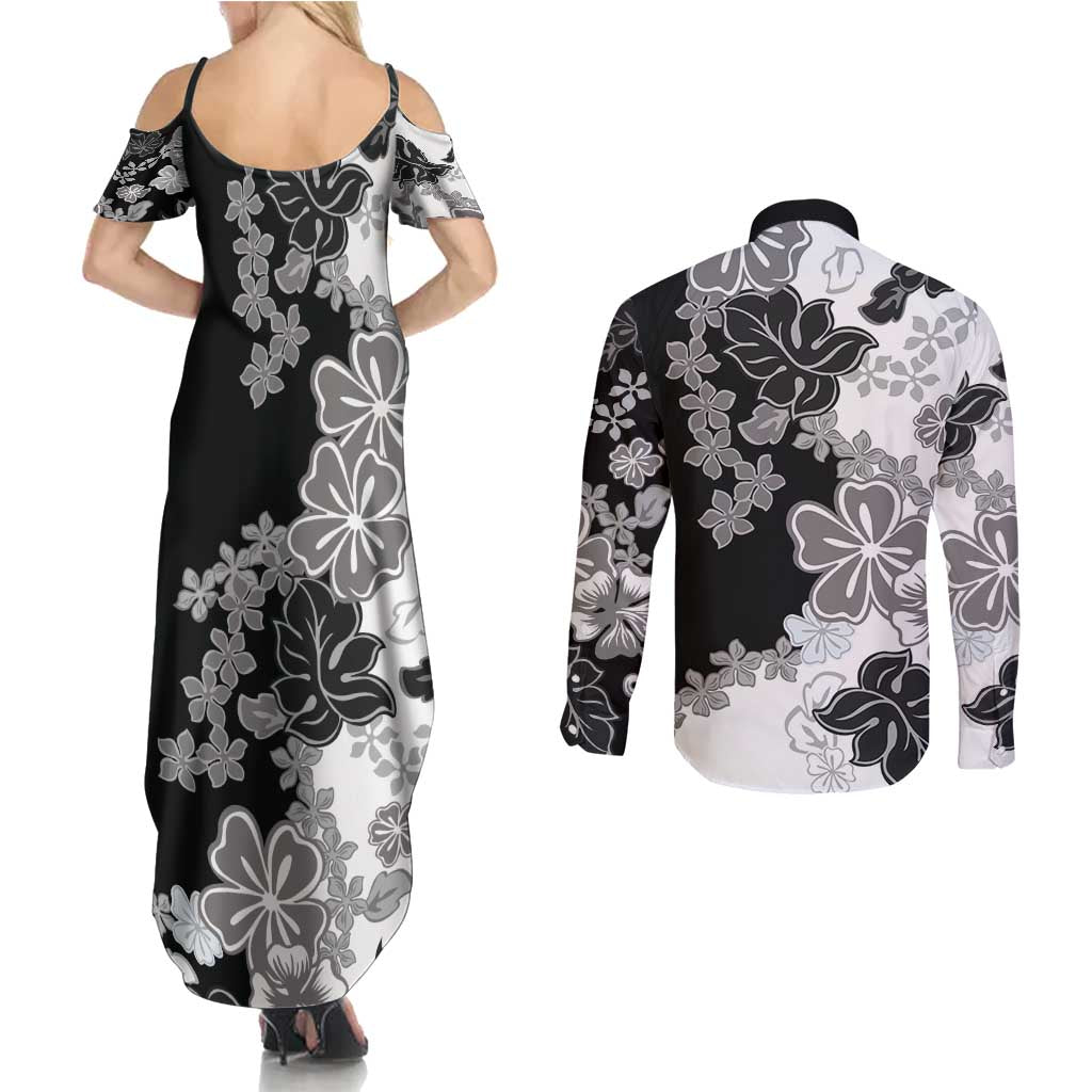 Gray Scale Hibiscus Plumeria Floral Couples Matching Summer Maxi Dress and Long Sleeve Button Shirt - Polynesian Pride