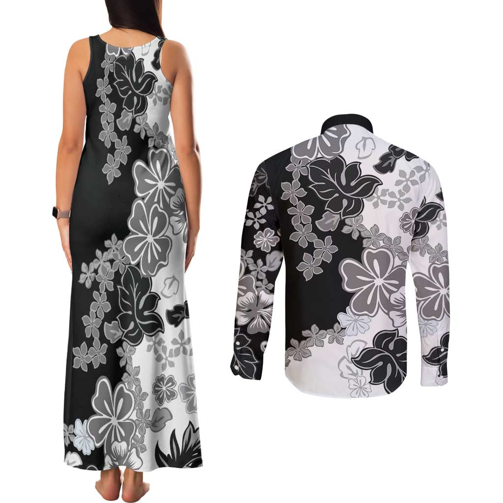 Gray Scale Hibiscus Plumeria Floral Couples Matching Tank Maxi Dress and Long Sleeve Button Shirt - Polynesian Pride