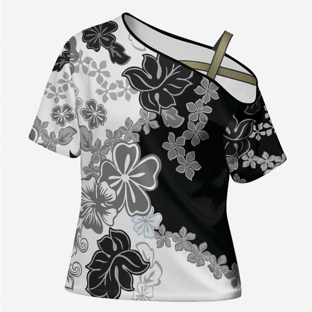 Gray Scale Hibiscus Plumeria Floral Cross Shoulder Shirt - Polynesian Pride
