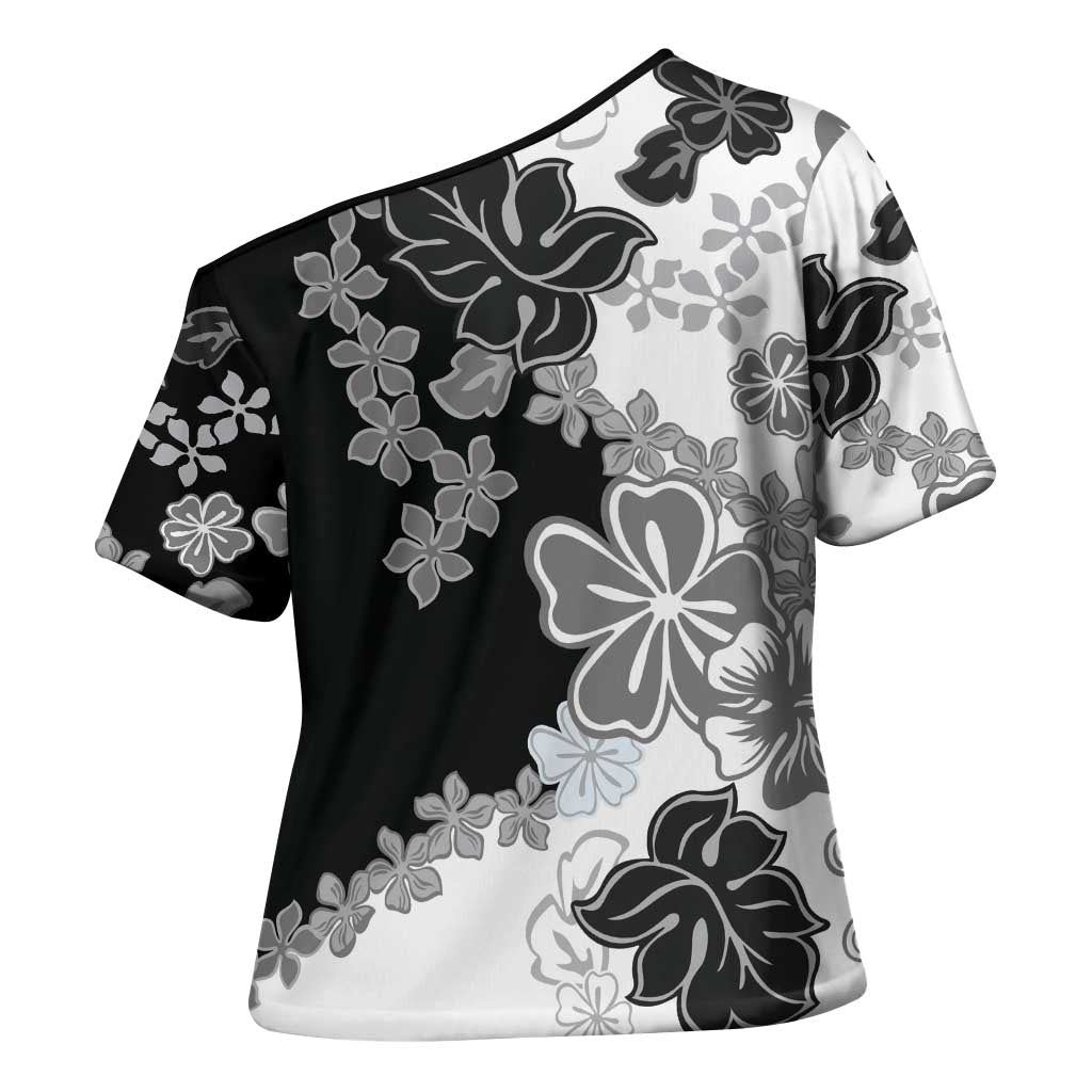 Gray Scale Hibiscus Plumeria Floral Cross Shoulder Shirt - Polynesian Pride