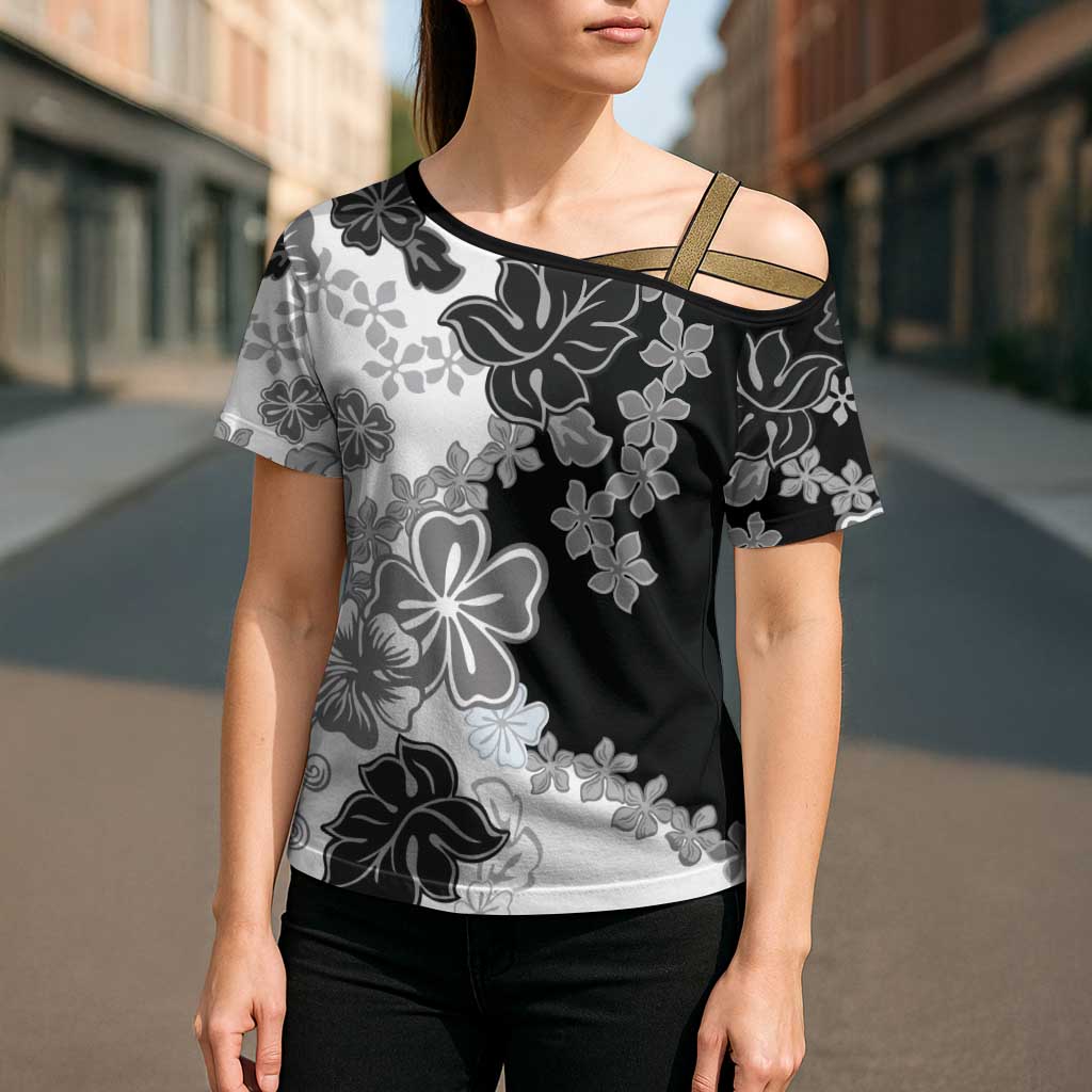 Gray Scale Hibiscus Plumeria Floral Cross Shoulder Shirt - Polynesian Pride