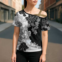 Gray Scale Hibiscus Plumeria Floral Cross Shoulder Shirt - Polynesian Pride