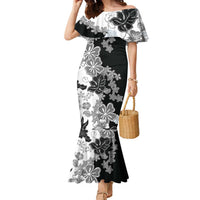 Gray Scale Hibiscus Plumeria Floral Family Matching Mermaid Dress and Hawaiian Shirt LT01 Mom's Dress Black - Polynesian Pride