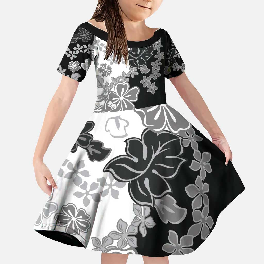 Gray Scale Hibiscus Plumeria Floral Family Matching Off Shoulder Maxi Dress and Hawaiian Shirt LT01 Daughter's Dress Black - Polynesian Pride