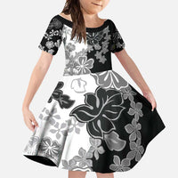 Gray Scale Hibiscus Plumeria Floral Family Matching Off Shoulder Maxi Dress and Hawaiian Shirt LT01 Daughter's Dress Black - Polynesian Pride