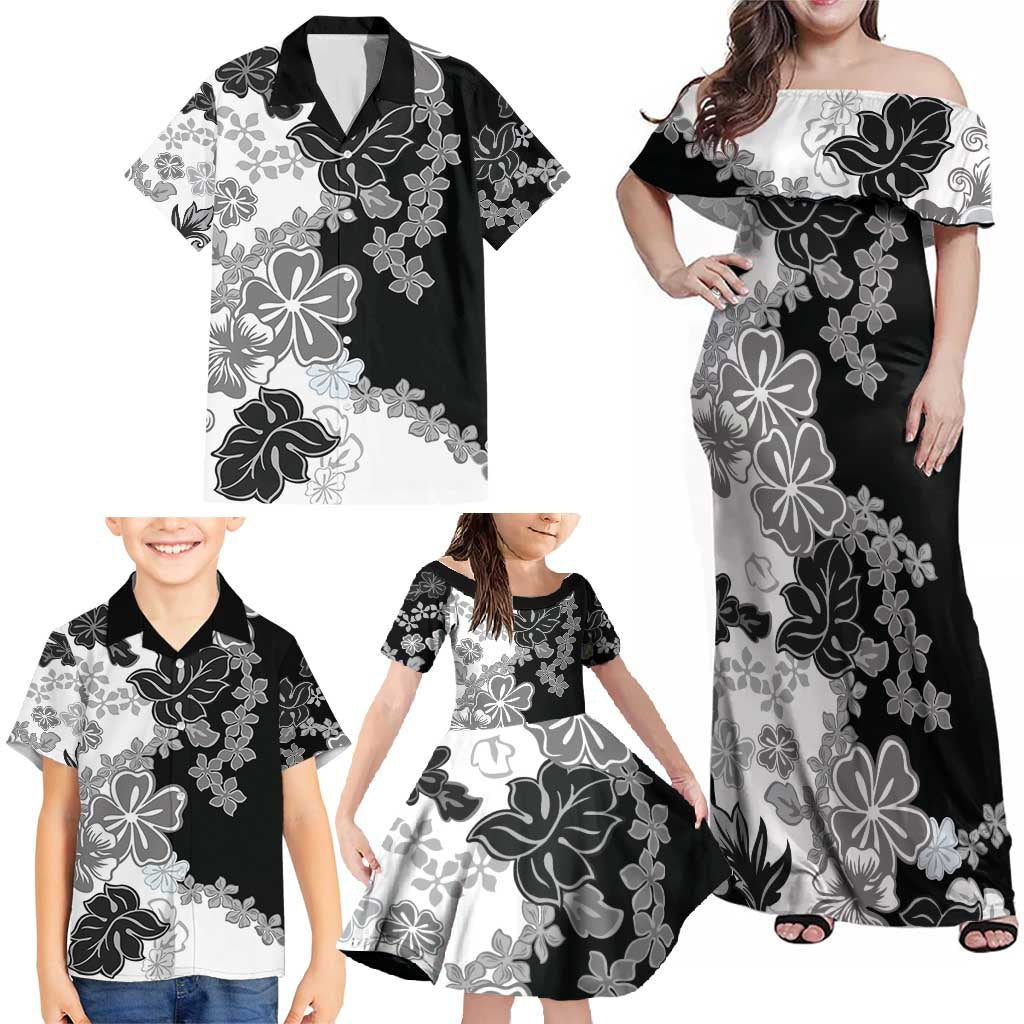 Gray Scale Hibiscus Plumeria Floral Family Matching Off Shoulder Maxi Dress and Hawaiian Shirt LT01 - Polynesian Pride