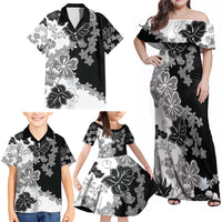 Gray Scale Hibiscus Plumeria Floral Family Matching Off Shoulder Maxi Dress and Hawaiian Shirt LT01 - Polynesian Pride