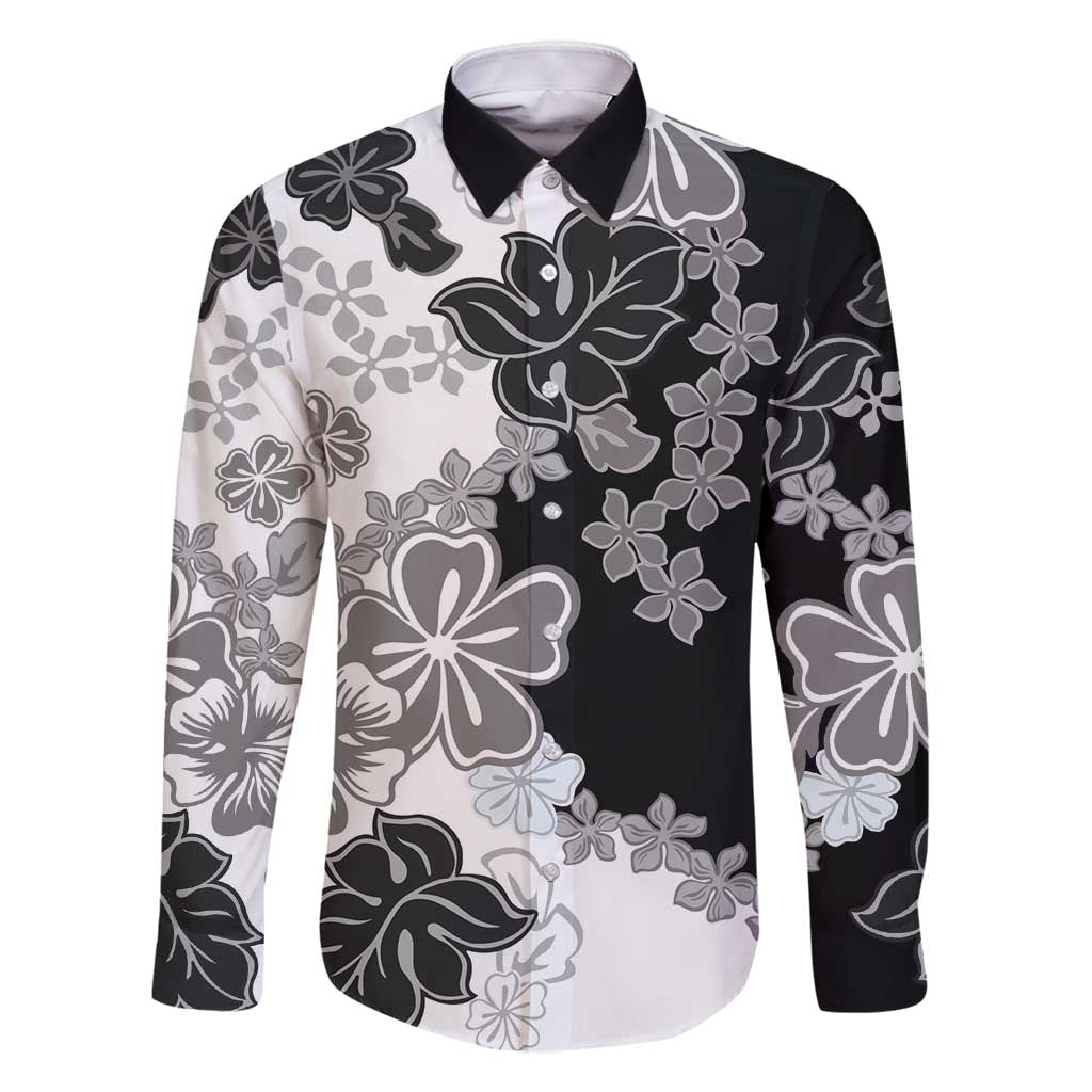 Gray Scale Hibiscus Plumeria Floral Family Matching Off Shoulder Maxi Dress and Hawaiian Shirt LT01 Dad's Shirt - Long Sleeve Black - Polynesian Pride
