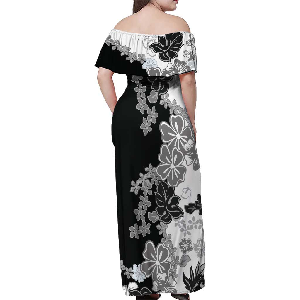 Gray Scale Hibiscus Plumeria Floral Family Matching Off Shoulder Maxi Dress and Hawaiian Shirt LT01 - Polynesian Pride