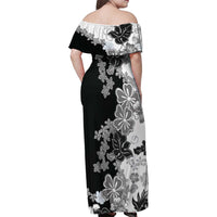 Gray Scale Hibiscus Plumeria Floral Family Matching Off Shoulder Maxi Dress and Hawaiian Shirt LT01 - Polynesian Pride