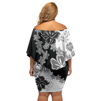 Gray Scale Hibiscus Plumeria Floral Family Matching Off Shoulder Short Dress and Hawaiian Shirt - Polynesian Pride