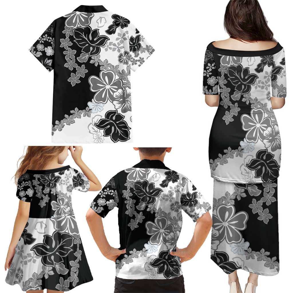 Gray Scale Hibiscus Plumeria Floral Family Matching Puletasi and Hawaiian Shirt - Polynesian Pride