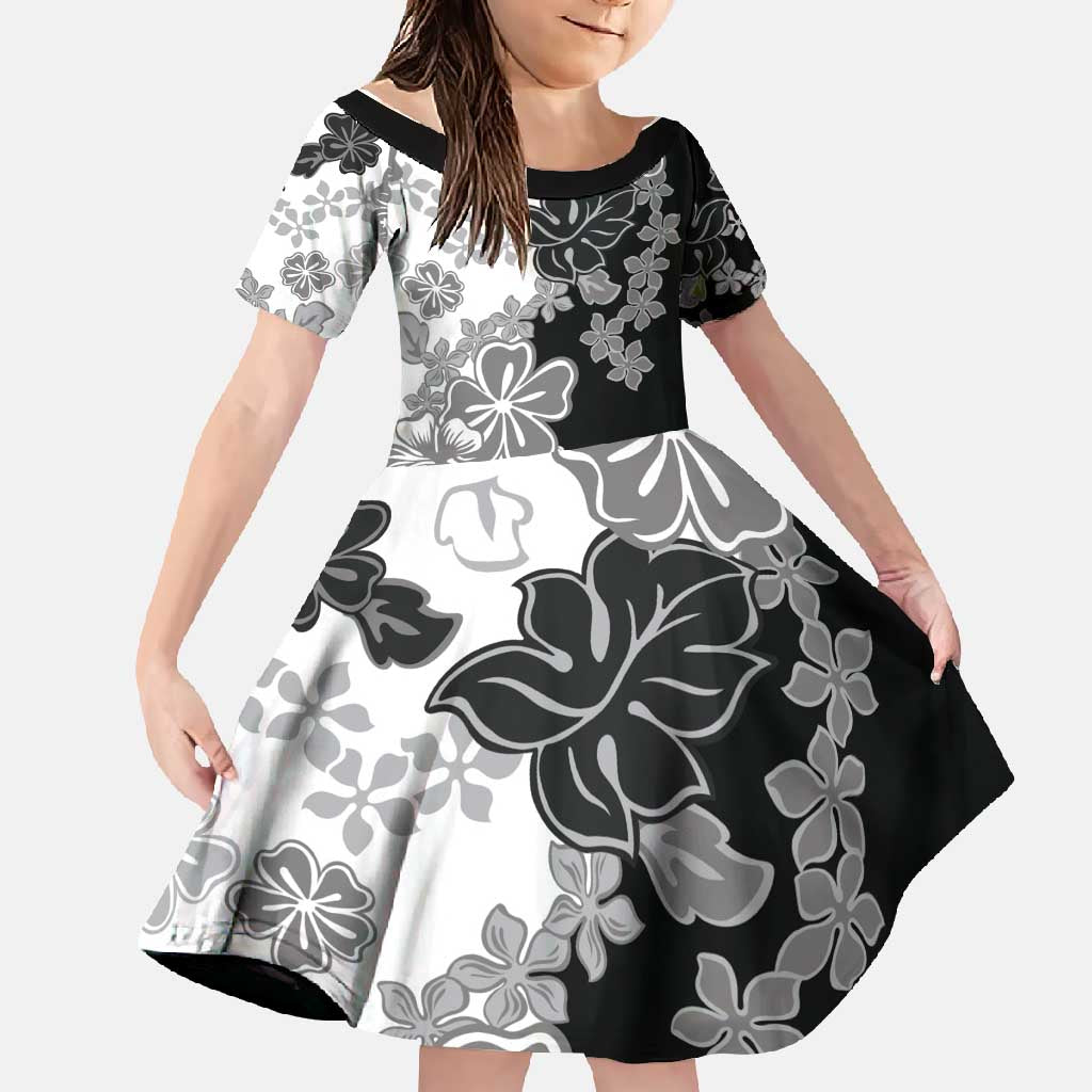 Gray Scale Hibiscus Plumeria Floral Family Matching Short Sleeve Bodycon Dress and Hawaiian Shirt LT01 Daughter's Dress Black - Polynesian Pride