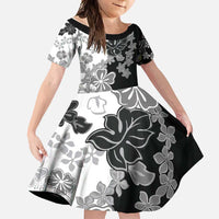 Gray Scale Hibiscus Plumeria Floral Family Matching Short Sleeve Bodycon Dress and Hawaiian Shirt LT01 Daughter's Dress Black - Polynesian Pride