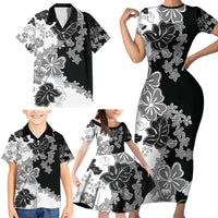 Gray Scale Hibiscus Plumeria Floral Family Matching Short Sleeve Bodycon Dress and Hawaiian Shirt LT01 - Polynesian Pride