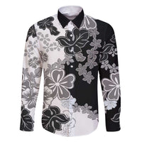 Gray Scale Hibiscus Plumeria Floral Family Matching Short Sleeve Bodycon Dress and Hawaiian Shirt LT01 Dad's Shirt - Long Sleeve Black - Polynesian Pride