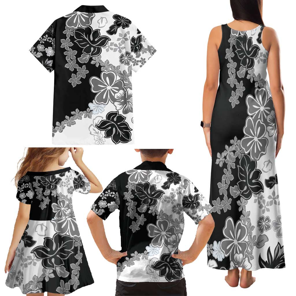 Gray Scale Hibiscus Plumeria Floral Family Matching Tank Maxi Dress and Hawaiian Shirt LT01 - Polynesian Pride