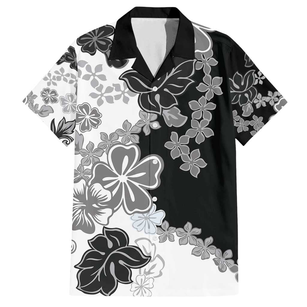 Gray Scale Hibiscus Plumeria Floral Family Matching Tank Maxi Dress and Hawaiian Shirt LT01 Dad's Shirt - Short Sleeve Black - Polynesian Pride
